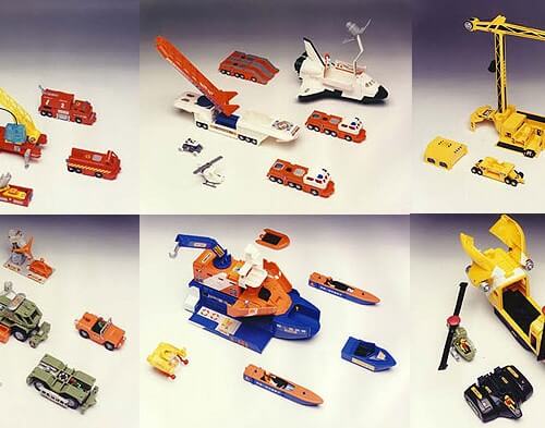 Left to right:-  Fire Rescue Set, Space Exploration Set, Construction Set (this became the best seller) Jungle Exploration, Sea Rescue Air Rescue. It is difficult to fully appreciate the time, skill and degree of engineering tolerance that was required.