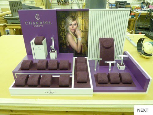 Point of sale display unit for Swiss watch maker Charriol’s prestige brand of watches, fine jewellery and accessories produced in less than one week from receipt of order.